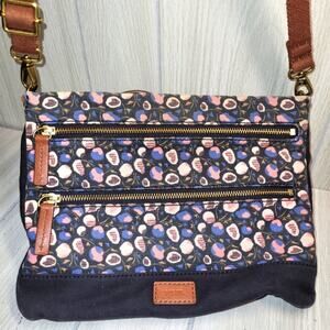 Fossil Mini Floral Crossbody Bag Pink/Blue Leather Strap Accents Purse